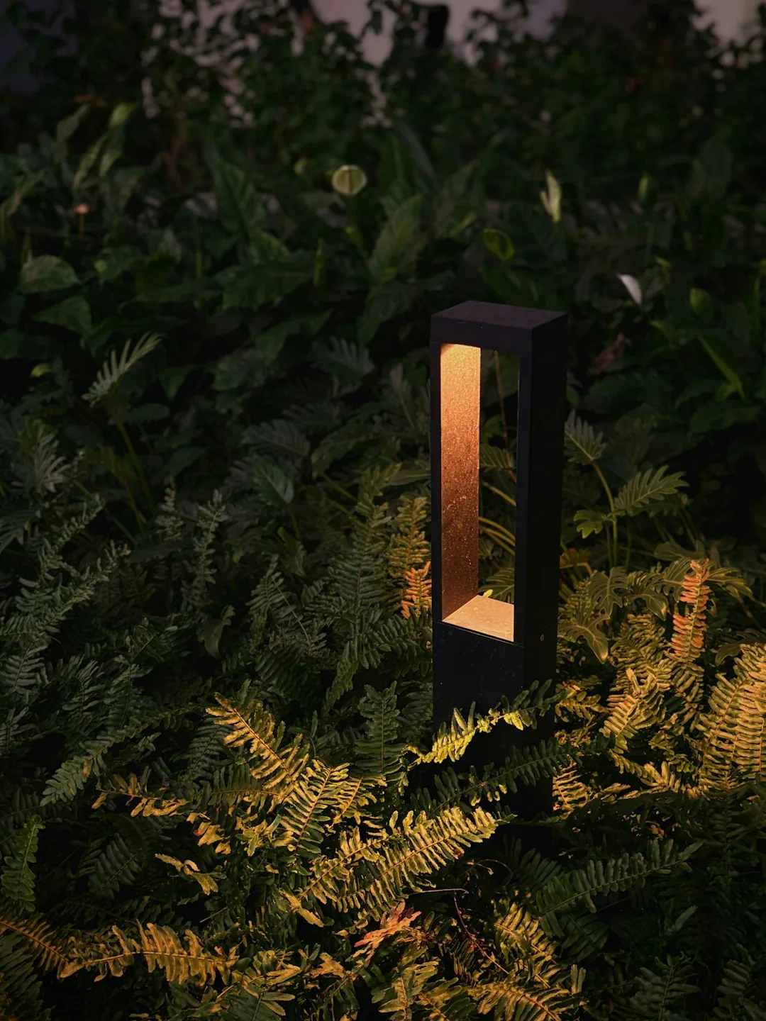 Rectangular black bollard light ferns peace lily garden irmo SC