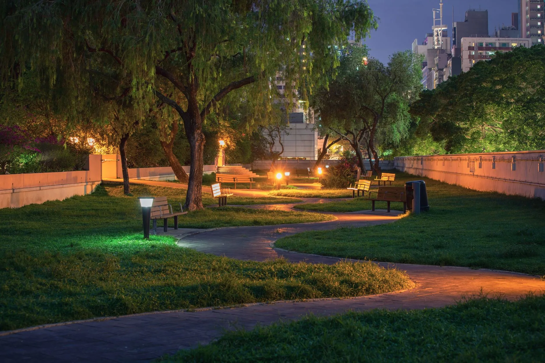 Winding park pathway benches bollard lights willow night hopkins SC